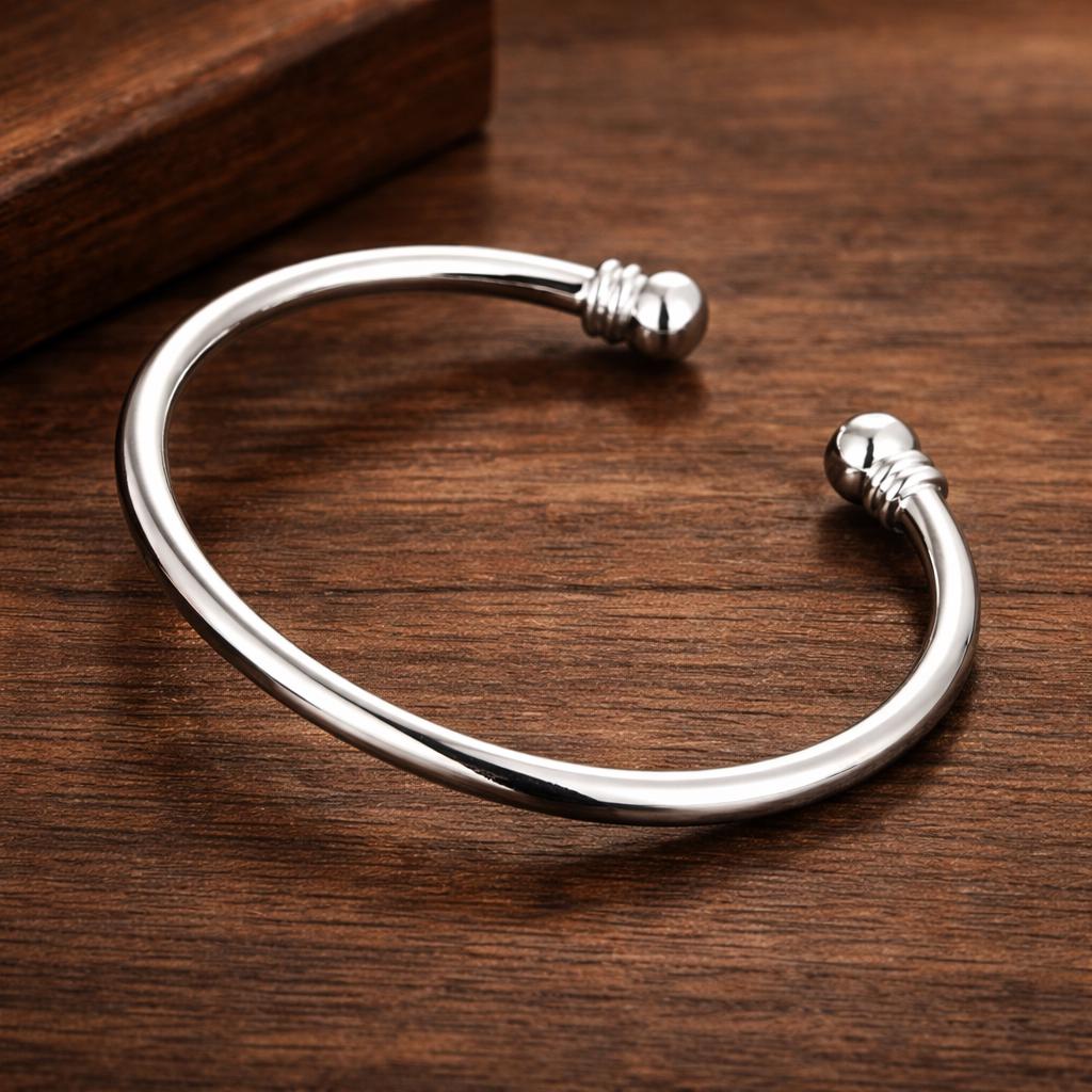 925 Sterling Silver Plated Cuff Bracelet, Minimalist Smooth Open Bangle, Unisex Gift