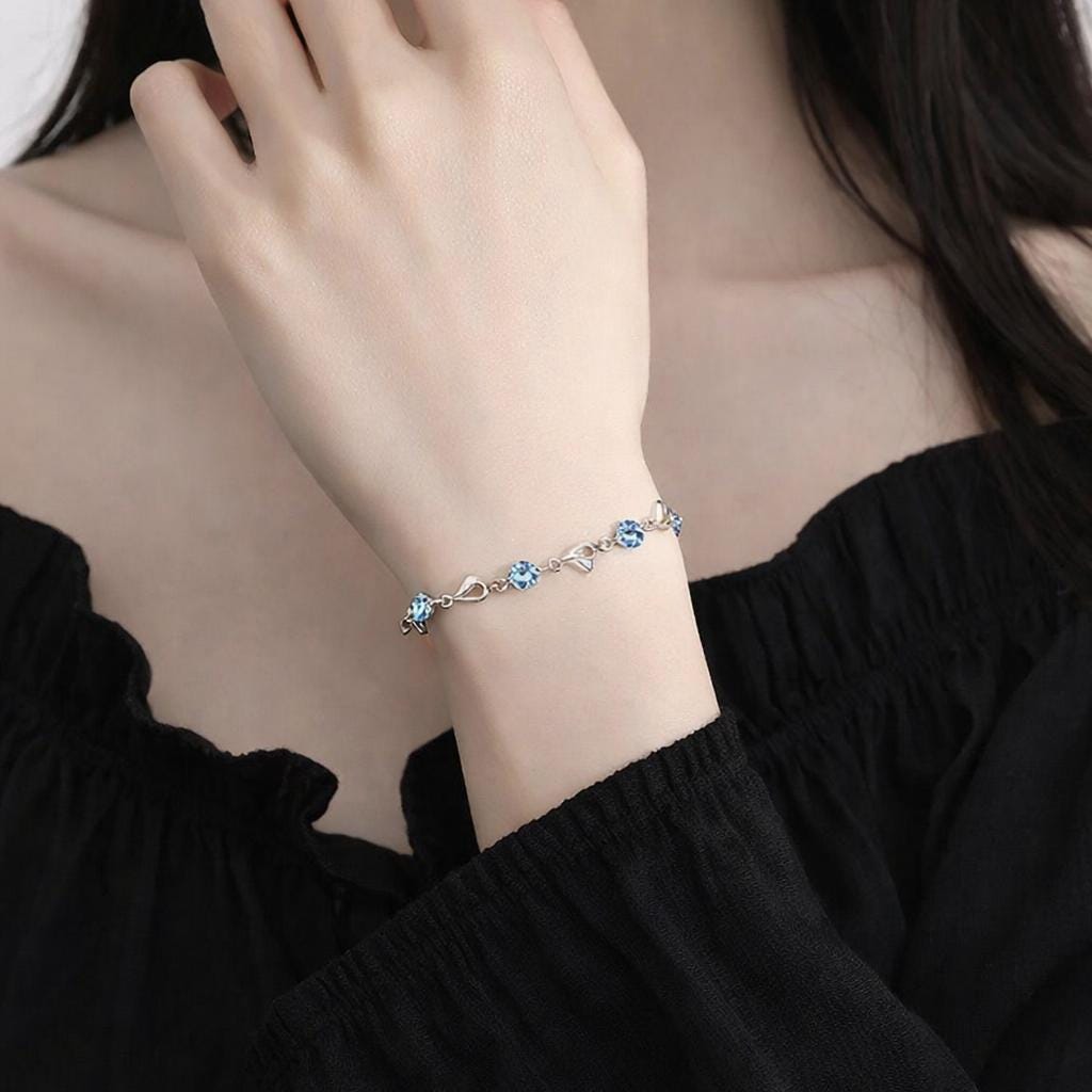 Sterling Silver Plated Heart Link Bracelet, Blue Crystal Charms, Korean Style Jewelry