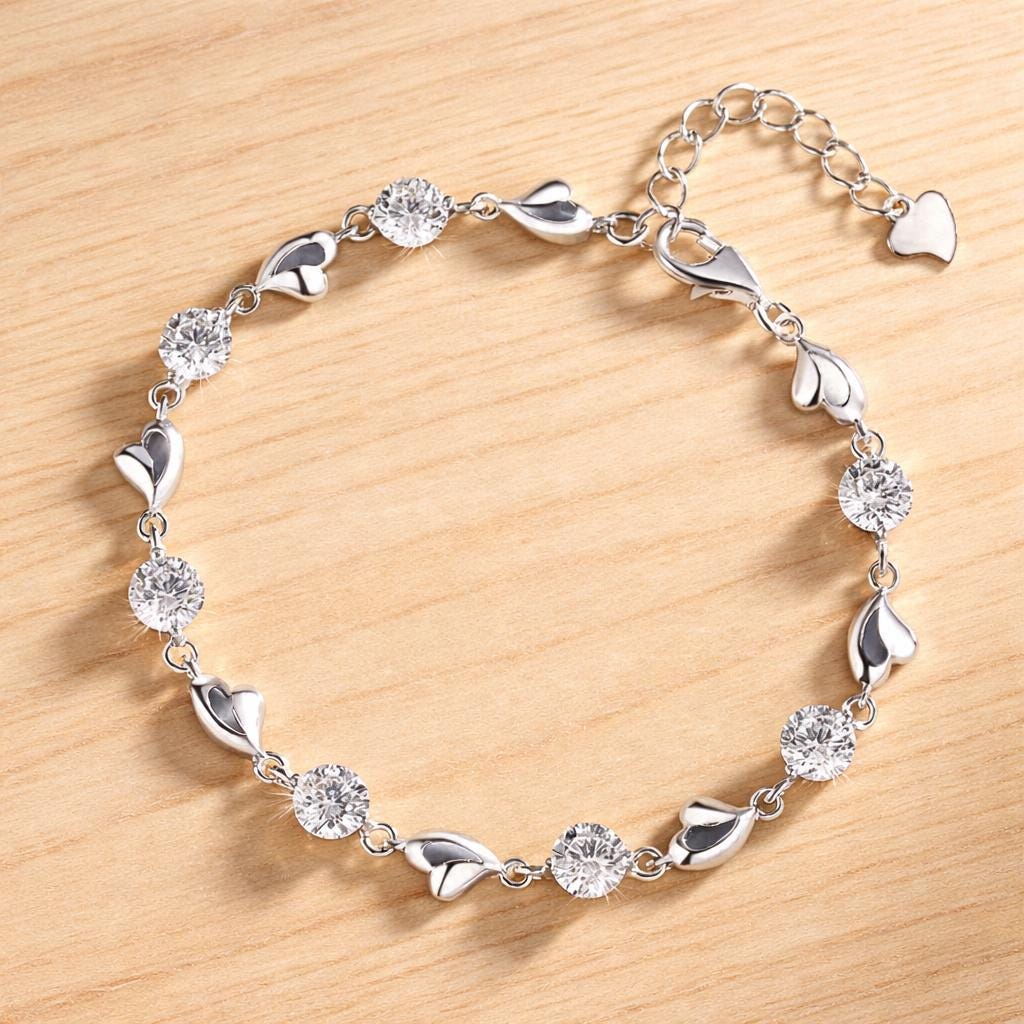 Sterling Silver Plated Heart Link Bracelet, Blue Crystal Charms, Korean Style Jewelry