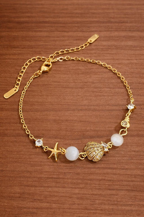18K Gold Ocean Star Shell Bracelet, Cat Eye Stone CZ Boho Beach Jewelry